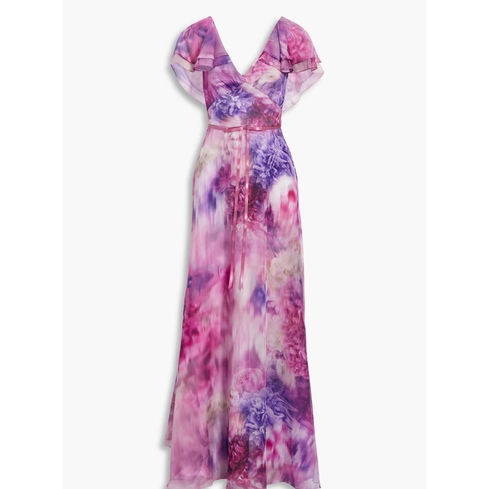 Marchesa Notte Floral Print Ruffle Chiffon Gown